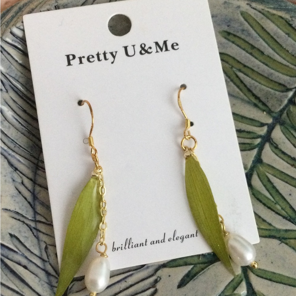 PRICE DROP! Gold, Pearl, and Green Bamboo Leaf Dangle Earrings
